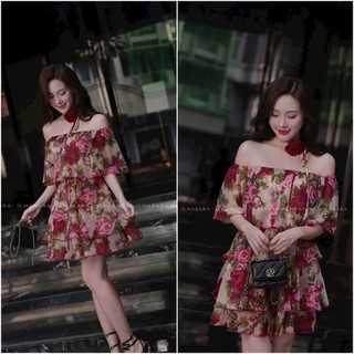 ĐẦM VOAN HOA 3 TẦNG BÈO VAI KÈM HOA CỔ ( CÓ LÓT)