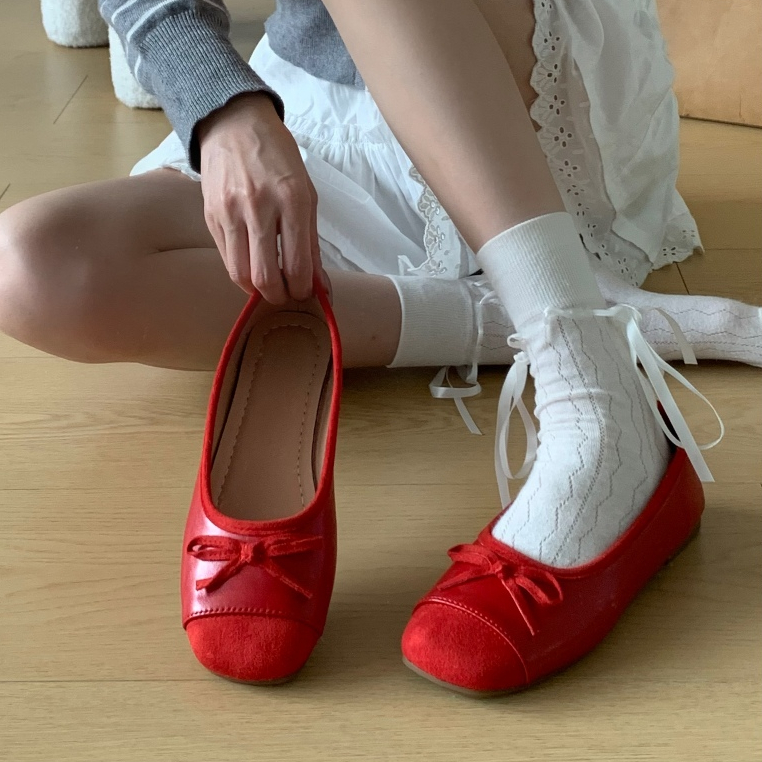 Giày đỏ nơ xinh giày đế bệt phong cách coquette giày búp bê nơ đỏ giày đế bệt phong cách ulzzang Kichi Shoes A865 𝗛