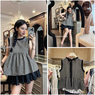 Áo babydoll sát nách kẻ caro nơ sau