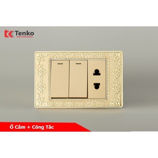 Công tắc 2 nút và ổ cắm đôi âm tường mặt hoa văn đồng nguyên khối tenko tk-c8-027