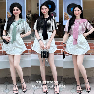 Sét áo giấy kẻ mix chân váy thô đính nơ nhí kèm khăn