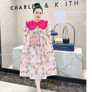 Đầm babydoll hoa cổ bèo siêu dễ thương phối cổ bèo màu hồng tiểu thư, Đầm babydoll cổ bèo họa tiết trái tim