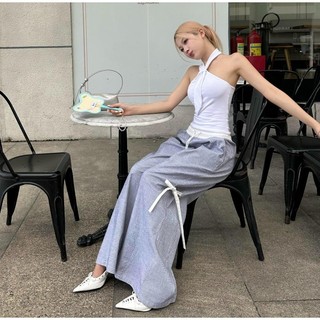 CLÉLIE Quần ống rộng kẻ sọc dáng dài cạp trắng có dây nơ DARI PANT