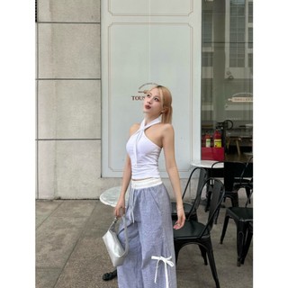 CLÉLIE Quần ống rộng kẻ sọc dáng dài cạp trắng có dây nơ DARI PANT