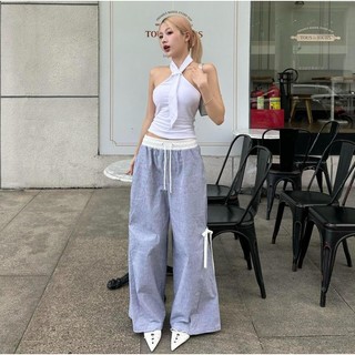 CLÉLIE Quần ống rộng kẻ sọc dáng dài cạp trắng có dây nơ DARI PANT
