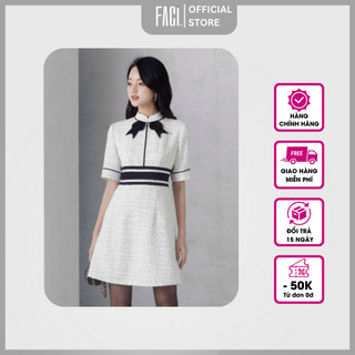 Đầm nữ faci julien dress vổ tàu đính nơ, chất dạ tweed kẻ phối đai eo hai lớp lót lụa fv23021