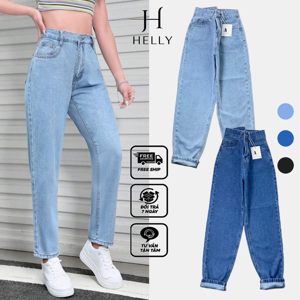 Quần jean nữ dáng baggy cạp cao chất vải jean dày dặn, Quần bò nữ ống rộng vừa phải hot Avocado