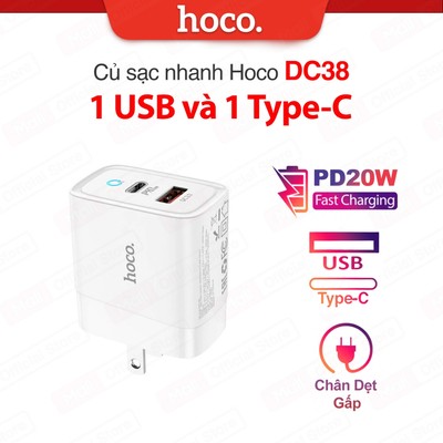 Củ sạc nhanh PD20W Hoco DC38 1 cổng USB và 1 cổng Type-C có đèn Led báo sạc, chân dẹt gấp gọn