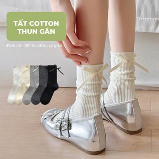 [ TẤT DÀY - TÚI ZIP ] Tất basic đính nơ phía sau, 100% cotton co giãn, tất dày có túi zip