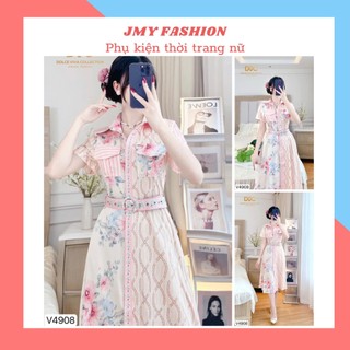 V4908 Váy lụa hoa sơ mi hồng dáng A xòe nữ tính (tặng kèm đai) [Dolce Viva Colection (DVC)] váy sơ mi hồng công sở