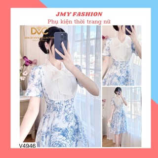 V4946 Váy trắng hoa xanh cổ nơ dáng xòe công sở [Dolce Viva Colection (DVC)] váy trắng xòe cổ nơ nữ tính