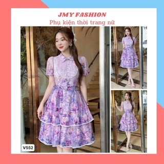 V552 Váy voan tím dáng xòe 2 tầng viền ren tiểu thư (tặng kèm đai) [TH Hà Thanh] váy tím hoa nhí nữ tính