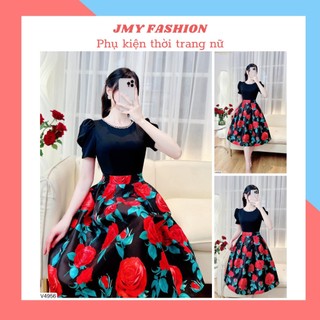 V4956 Váy đen cổ viền đá phối chân váy hoa hồng xòe sang chảnh [Dolce Viva Colection (DVC)] váy đen xòe tafta nữ tính