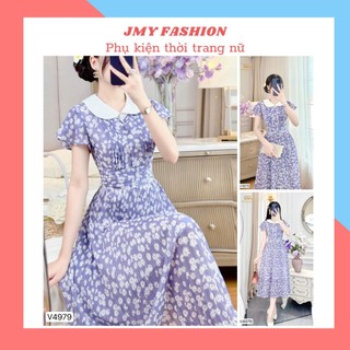 V4979 Váy xòe tím hoa nhí trắng cổ sen nữ tính [Dolce Viva Colection (DVC)] váy đầm tím hoa nhí dáng xòe tiểu thư