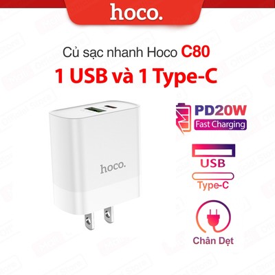 Củ sạc nhanh PD20W Hoco C80/C80A 1 cổng Type-C và 1 cổng USB tương thích với nhiều thiết bị