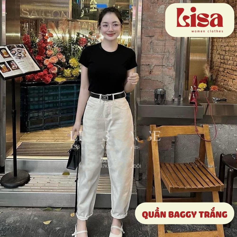 Quần Jean Baggy trắng nữ trơn HL202, Quần Baggy jean nữ lưng cao co giãn phong cách Retro Hàn Quốc