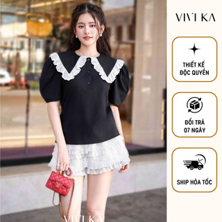 Vivi ka - áo cổ nhọn viền ren tay phồng + quần short ren xếp tầng - vkao00504 vkqs00413