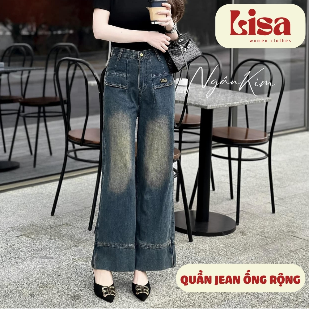 Quần bò jean nữ lưng cao ống suông MS08, Quần jean suông nữ thiết kế ngang phong cách vintage