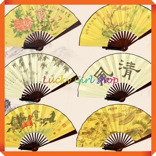 Quạt Xếp Phong Cảnh Mã Đáo Thành Công Thư Pháp Giấy Lụa In 2 Mặt Nan Gỗ Dài 33cm Vòng Cung Xoè 60cm -LUCKY GIRL SHOP