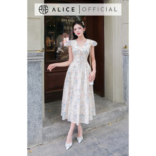 Váy tiểu thư dáng dài cổ v đính ren chiết li eo tay hến alice thanh lịch trang nhã v1210