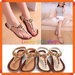 [CÓ SIZE NGOẠI CỠ] Sandal Nữ Xỏ Ngón Bohemian Đính Hạt Gỗ Đế Chống Trượt Siêu Xinh - Lucky Girl shop NHA TRANG