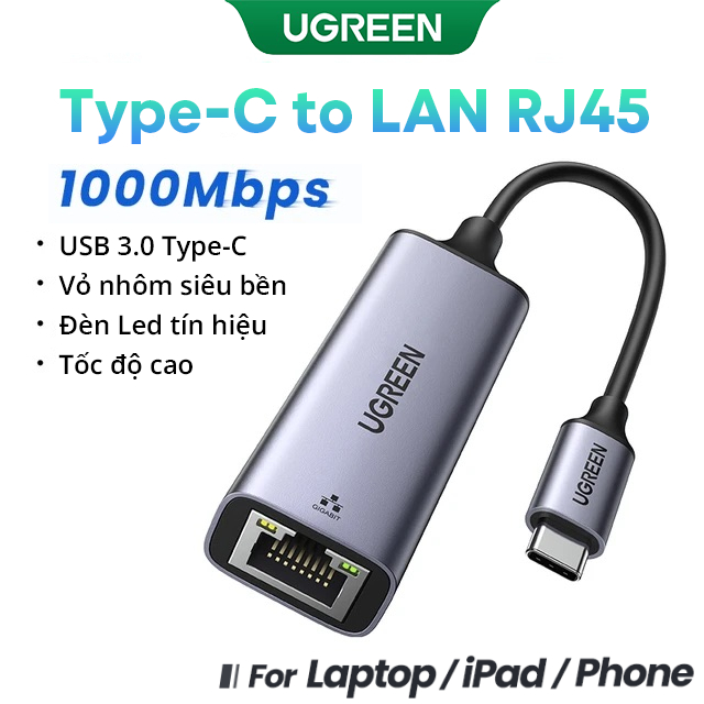 Cáp chuyển đổi USB Type-C sang LAN 10/100/1000 Mbps C to Lan RJ45 1Gbs  Ethernet UGREEN 50737 15633 50922