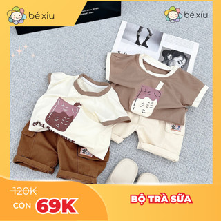 Bộ TRÀ SỮA vải cotton mềm mát cực đáng yêu, xinh xéo cho bé trai gồm một quần vào áo sát nách từ 8-24Kg B43