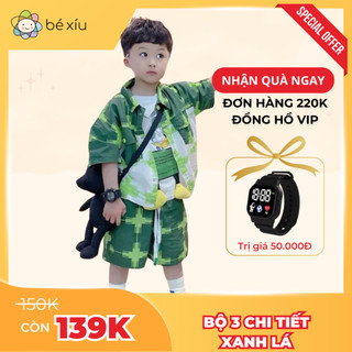 SET bộ 3 chi tiết XANH LÁ cực bắt mắt, nổi trội Hè 2024 gồm quần, áo thun, áo sơ mi cho bé từ 8-28Kg S37