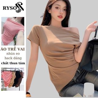 Áo Trễ Vai Nữ Vạt Nhọn Mặc Nhiểu Kiểu, Áo Lệch Vai Hack Eo Chất Thun Tăm Lạnh, Áo Thun Cổ Thuyền Hở Vai RYSO FÁSHION