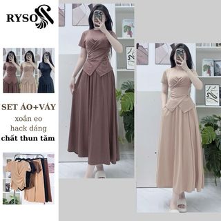 Set Bộ Áo Xoắn Eo Vạt Nhọn Thun Tăm Cộc Tay Mix Chân Váy Dài Cùng Màu, Set Chân Váy Dài Thanh Lịch Form Ôm RYSO FASHION