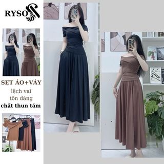 Set Bộ Áo Trễ Vai Tay Ngắn Vạt Nhọn Thun Tăm Cộc Tay Mix Chân Váy Dài Cùng Màu Thanh Lịch RYSO FASSHION