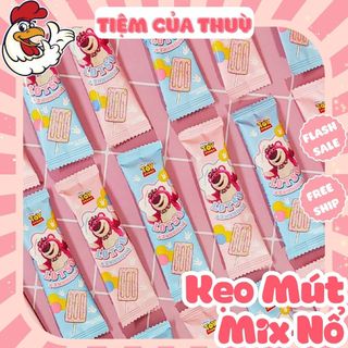 Kẹo mút sữa bò gấu dâu lotso vị dâu tây mix, kẹo nổ 2in1 popping candy, kẹo mút sữa bò gấu dâu lotso vị dâu tây mix