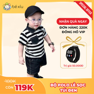 Bộ polo mềm áo thun cotton kẻ sọc TÚI ĐEN cho bé trai lịch sự phong cách Hàn Quốc gồm quần và áo từ 8-28Kg B82