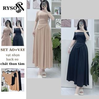 Set Bộ Áo Trễ Vai Tay Ngắn Vạt Nhọn Thun Tăm Cộc Tay Mix Chân Váy Dài Cùng Màu,Váy Dài Thanh Lịch Form Ôm RYSO FÁHION