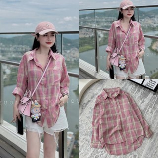 Áo Sơ Mi Thô Hồng Dài Tay Kẻ Sọc Dáng Thụng Size S M - Halinh Shop - Áo Sơ Mi Nữ Form Thụng Dáng Dài Kẻ Sọc Vuông