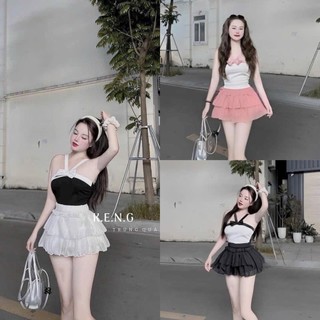 Set váy nữ áo tăm cổ yếm gắn nơ kèm chân váy tơ xếp tầng với 2 tone màu tươi tắn