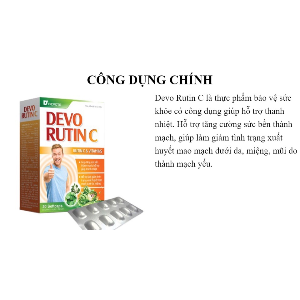 Devo Rutin C – Hỗ trợ làm giảm tình trạng xuất huyết mao mạch dưới da, tăng sức bền thành mạch - (hộp 3 vỉ x 10 viên)