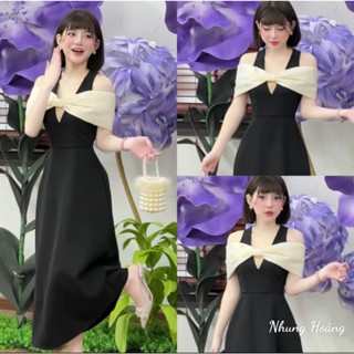 Váy dự tiệc chất liệu tuyết mưa hàn ép mùng, đầm tiểu thư cổ yếm phối nơ trễ vai sang chảnh, hàng thiết kế NA38