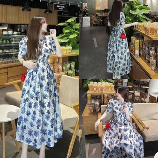Đầm váy nữ hoa xanh nhún eo tay phồng chất voan tiểu thư xinh xắn mẫu mới thiết kế