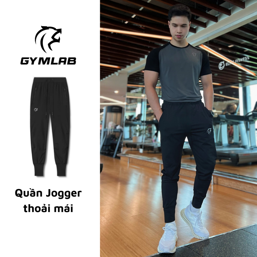 Quần jogger tập gym nam Gymlab, Quần jogger dáng dài lưng thun dây rút chất vải poly thoải mái thoáng mát