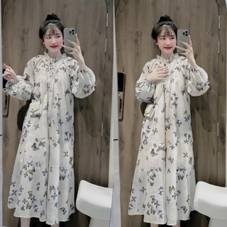Đầm maxi dáng suông rộng họa tiết bướm tay dài kiểu đầm tiểu thư xinh xắn dành cho nàng đi biển,đi dạo hè