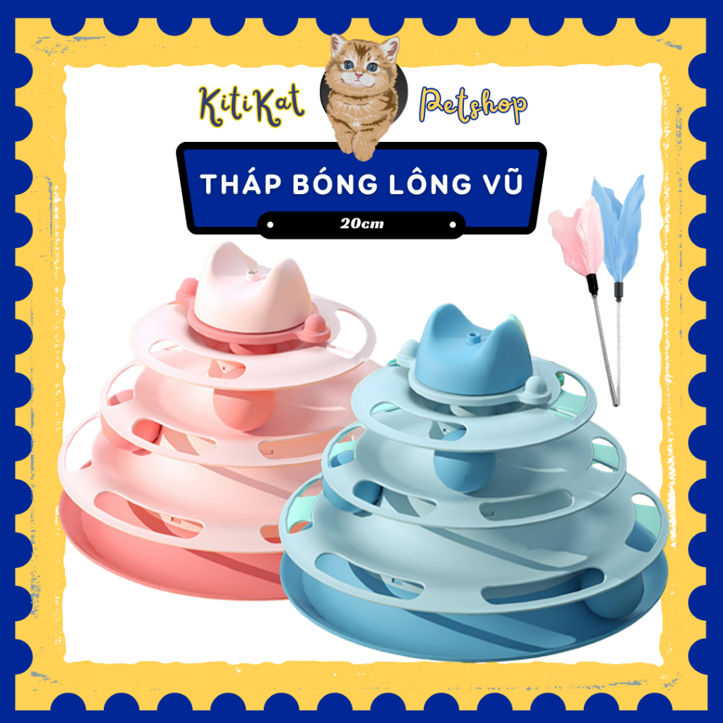 Đồ chơi tháp banh 4 tầng cho mèo kèm cần câu lông vũ, Tháp bóng lăn nhựa cao cấp giúp mèo giải trí, 