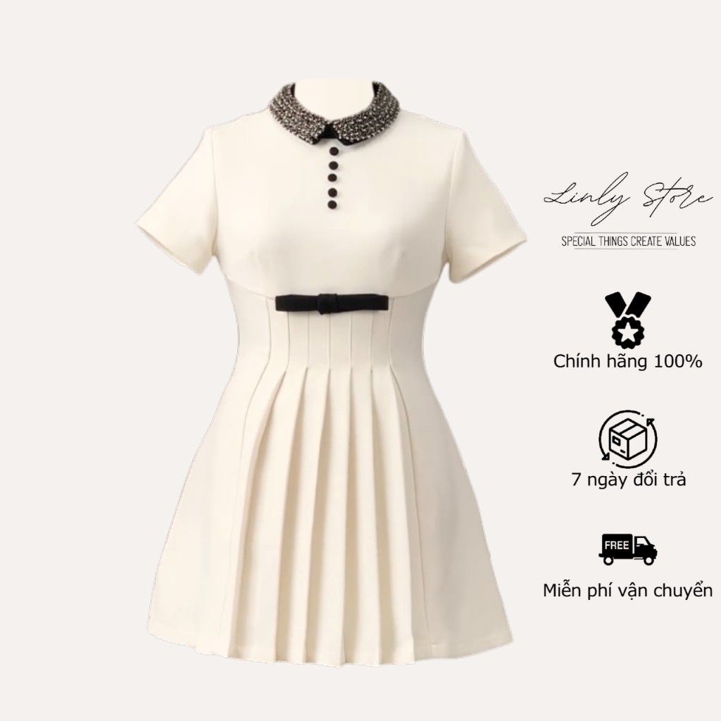Váy kiểu nữ dáng ngắn cổ đính cườm phối nơ Linly Store V-VPC8