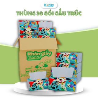Thùng 30 Giấy Ăn Gấu Trúc Hanky Gói Rút Tiện Lợi Gói 300 Tờ 4 Lớp Siêu Dai Mềm Mại Chất Liệu Bột Gỗ