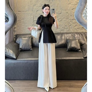 [quà cột tóc] sét bộ nữ quần ống rộng trắng và áo thun đen xẻ tà tay ngắn kiểu dáng thanh lịch D10Q