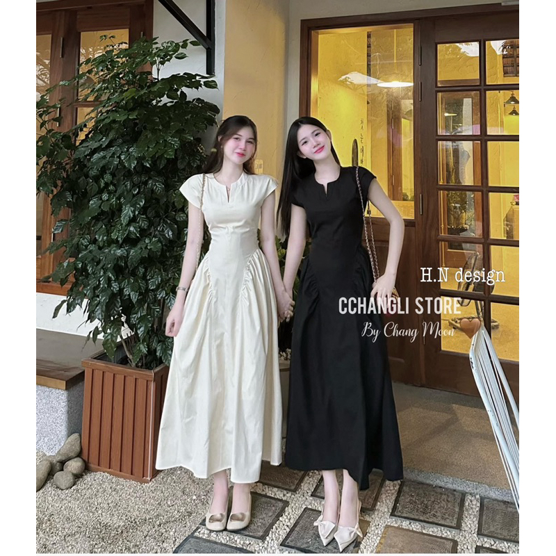 Váy thô chiết eo cổ V tay hến