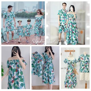 Đồng phục gia đình, set bộ nhóm, bộ đi biển chất đũi mẫu vẹt xanh