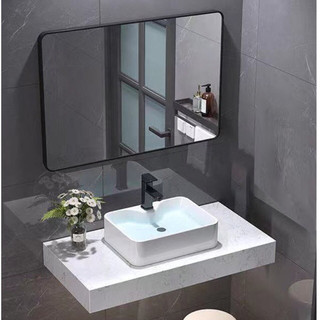 Combo Bàn Đá Lavabo 1 Tầng + lavabo vuông trắng + gương viền đen + vòi đen nóng lạnh + xả lavabo