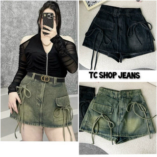 TCSHOPJEANS Quần Váy Jeans Quần Short Nữ Bigsize Thắt Nơ Túi Lệch Màu Đen Khói Và Xanh Dơ MS 2035