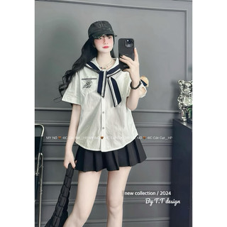 Set áo sơ mi thô cổ thuỷ thủ cài gấu kèm chân váy xếp ly • melanie boutique